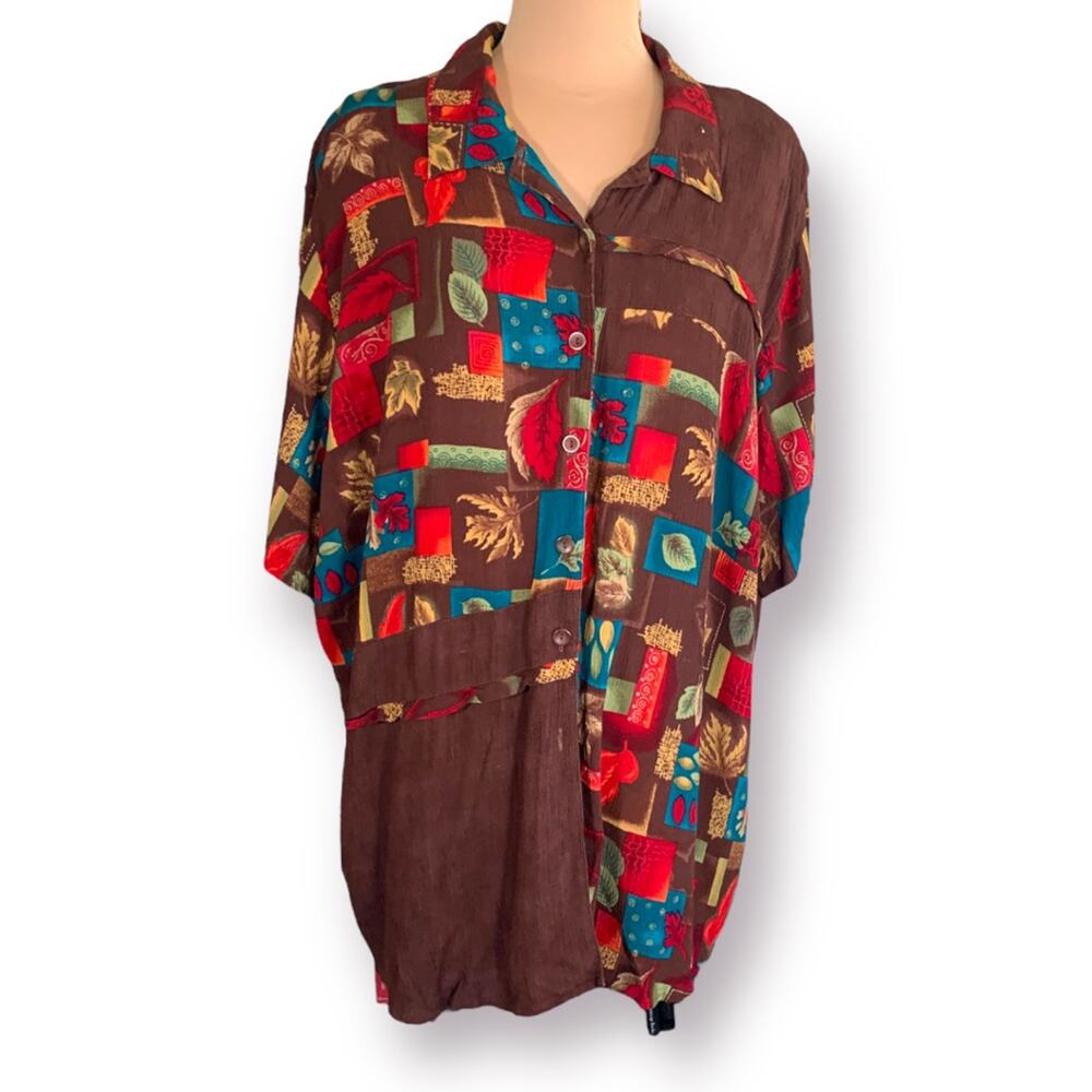 90s Brown Abstract Leaf Print Crinkle Rayon Button Down Short Sleeve Top Plus 3X